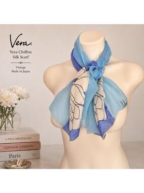 Vera Neumann 70s Vintage Silk Chiffon Scarf Blue Watercolor Rose Floral Japan